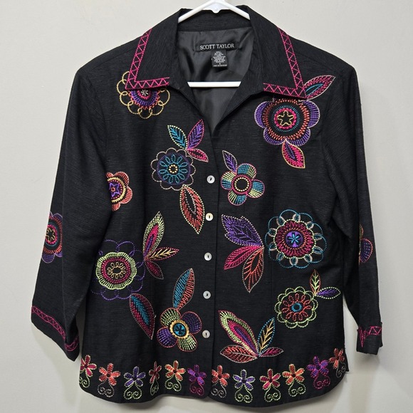 Scott Taylor Tops - Vintage Y2K Floral Embroidered Shirt Top Large Black Silk Blend Boho Art To Wear